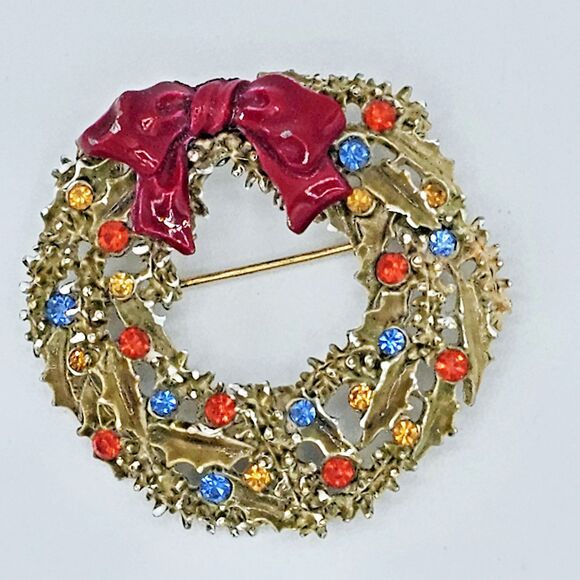 ART Christmas Wreath Brooch Vintage Enamel Signed Holiday Arthur Pepper Jewelry - Picture 2 of 11